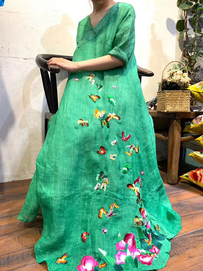 Linen V-neck Embroidered Butterfly Dress