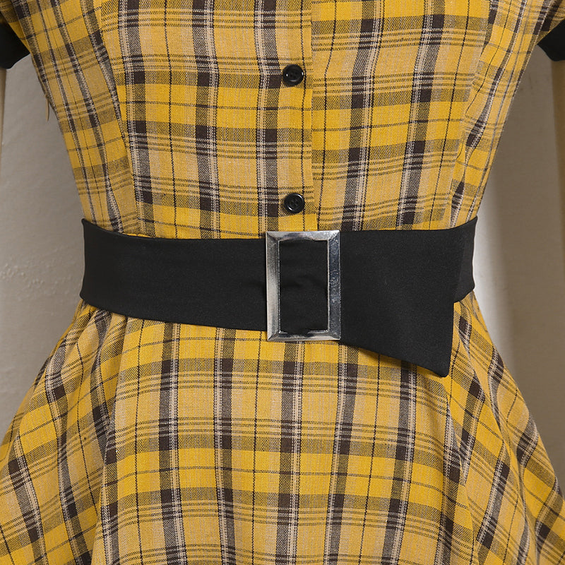 1950s Plaid Lapel Large Swing Dress