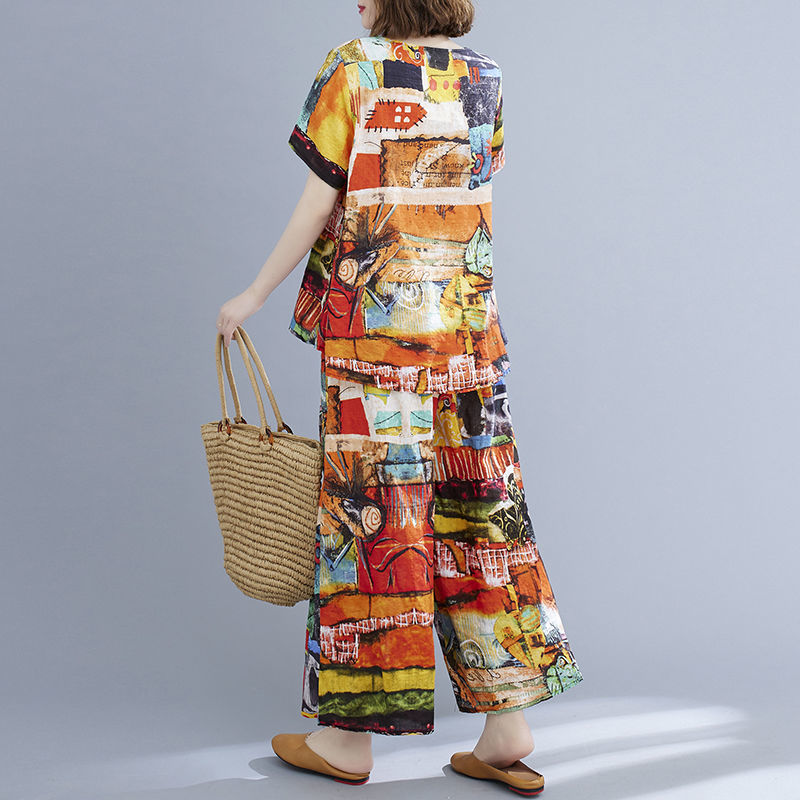 Summer Retro Short-sleeved Top + Wide-leg Pants Two-piece Suit