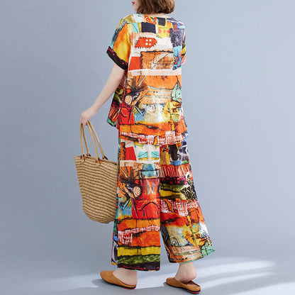 Summer Retro Short-sleeved Top + Wide-leg Pants Two-piece Suit