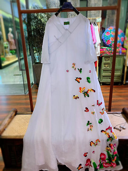 Linen V-neck Embroidered Butterfly Dress