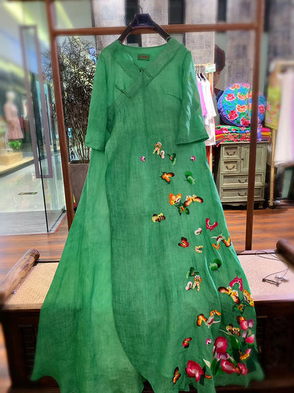 Linen V-neck Embroidered Butterfly Dress
