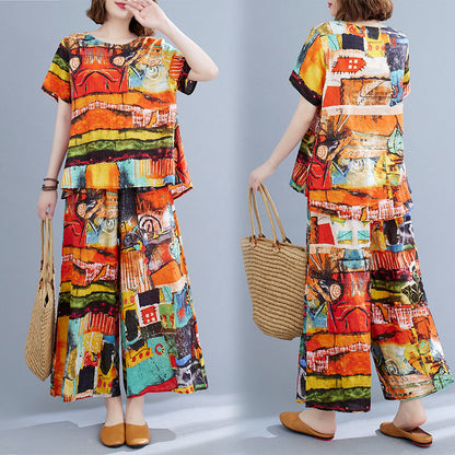 Summer Retro Short-sleeved Top + Wide-leg Pants Two-piece Suit
