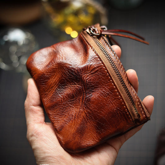 Leather Retro Handmade Zipper Card Coin Wallet