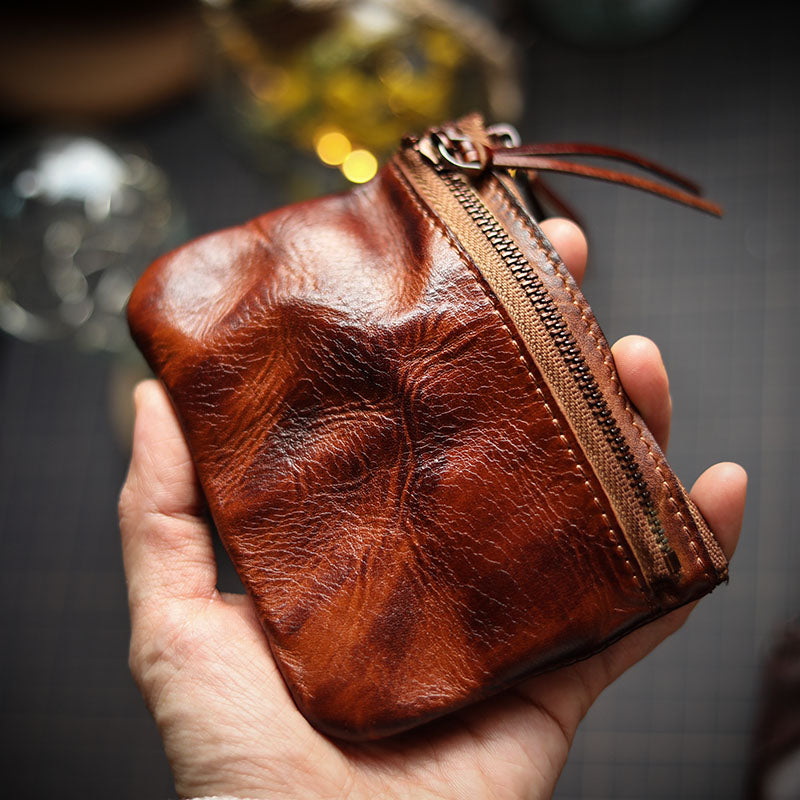 Leather Retro Handmade Zipper Card Coin Wallet