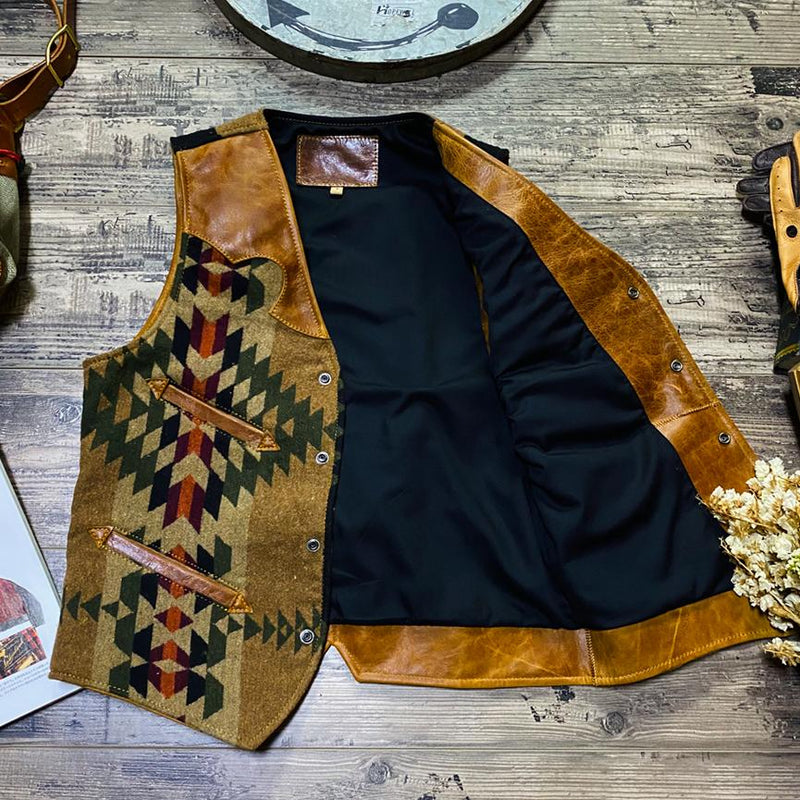 Men¡¯s Navajo Totem Tobacco Waxed Cowhide Vest