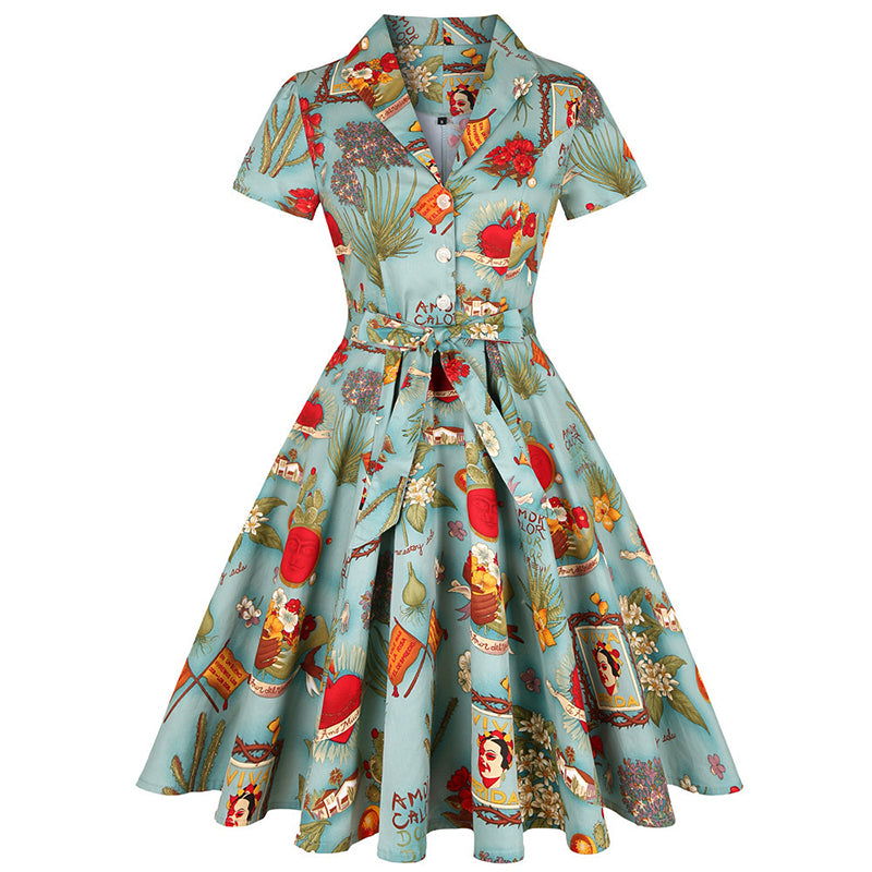 1950s Retro Lapel Flower Print Dress