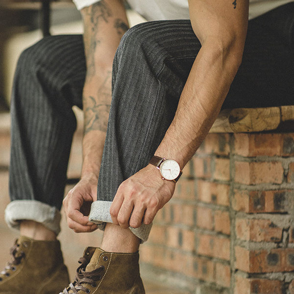 Retro Straight-leg Herringbone Twill Striped Jeans